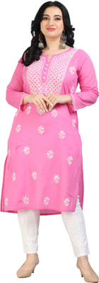 Mrs Right Women Chikan Embroidery A-line Kurta(Pink)