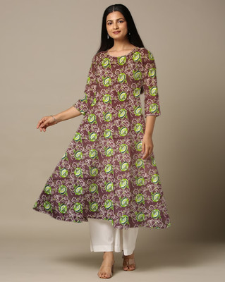 World of Mystery Women Floral Print Anarkali Kurta(Brown)
