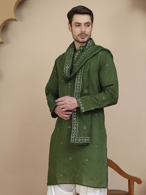 Jompers Men Embroidered Straight Kurta(Green)