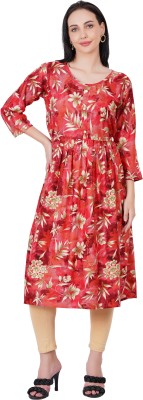 Navlika Women Printed Flared Kurta(Red)