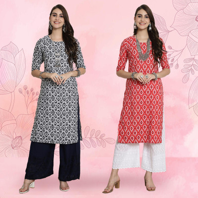 EthnicBasket Women Printed A-line Kurta(Red, Blue)