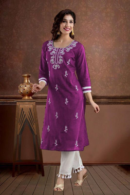 SISTO Women Chikan Embroidery Straight Kurta(Purple)