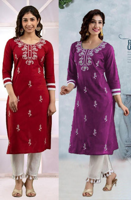 SISTO Women Chikan Embroidery Straight Kurta(Multicolor)
