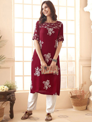 ANOUK Women Floral Print Straight Kurta(Maroon)