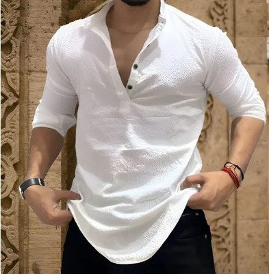 COCALY Men Solid Pathani Kurta(White)
