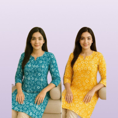 ssf Women Printed Straight Kurta(Blue, Yellow)
