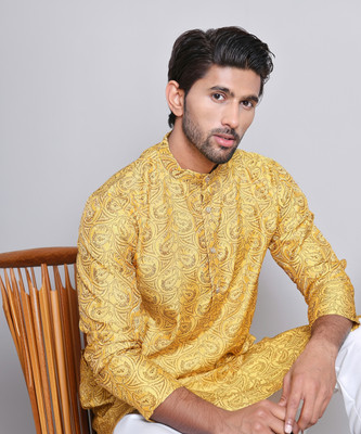 Jompers Men Printed Straight Kurta(Yellow)