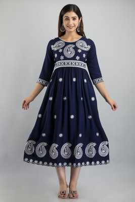 Kriska Women Chikan Embroidery Flared Kurta(Dark Blue)