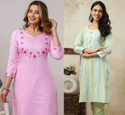 AuzaSho Collection Women Embroidered Straight Kurta(Multicolor)