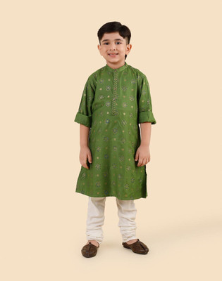 Fabindia Boys Embroidered Straight Kurta(Green)