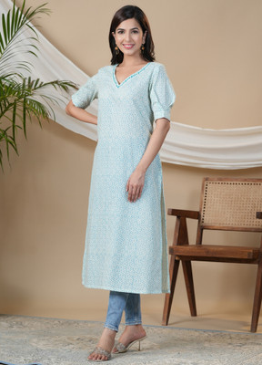adveta Women Printed Straight Kurta(Blue)