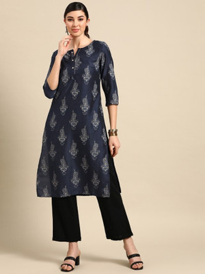 ANOUK Women Printed Straight Kurta(Dark Blue)
