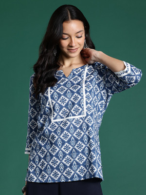 JSIMAR Women Printed Straight Kurta(Blue)