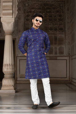 DHASU TRENDZ Men Printed Straight Kurta(Blue)