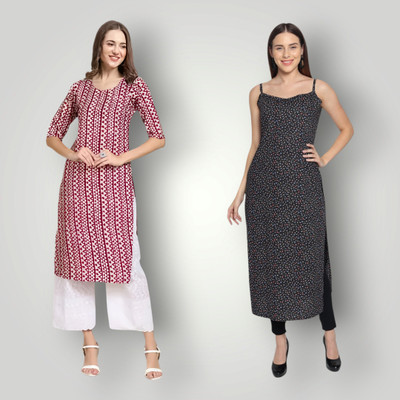 KAUTAQI Women Printed Straight Kurta(Multicolor)