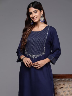 Indo Era Women Embroidered Straight Kurta(Dark Blue)