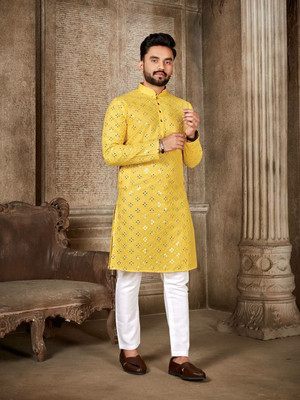 Shantam Creation Men Embroidered Straight Kurta(Yellow)