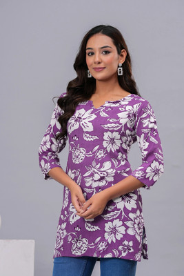 Jai-pure Kurtis Women Printed Straight Kurta(Purple, White)