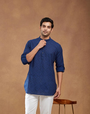 Fabindia Men Printed Straight Kurta(Blue)