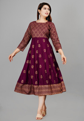 Sa Rasa Women Printed Anarkali Kurta(Purple, Gold)