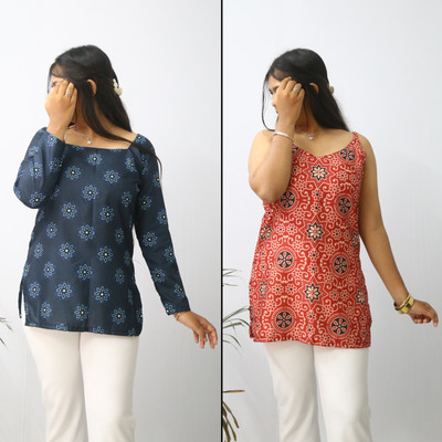 aanzri Women Printed, Geometric Print Straight Kurta(Blue, Red)