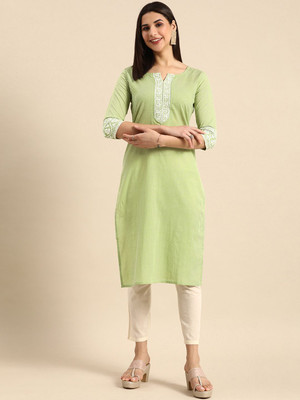 ANOUK Women Striped Straight Kurta(Light Green)