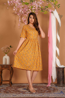 RILAKE Women Printed Flared Kurta(Orange)