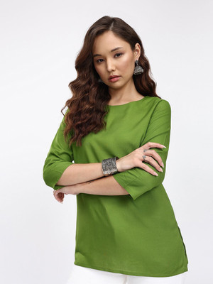 Anouk Rustic Women Solid Straight Kurta(Green)