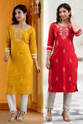 vikshi Women Chikan Embroidery A-line Kurta(Multicolor)