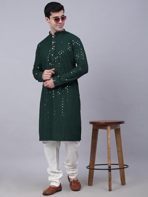 BDIVINE Men Embroidered A-line Kurta(Dark Green)