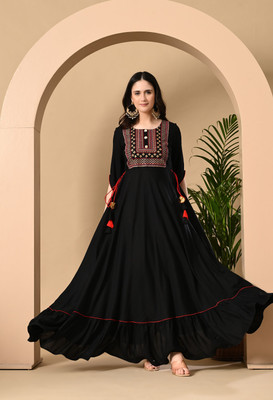 jaipurite Women Embroidered Anarkali Kurta(Black)
