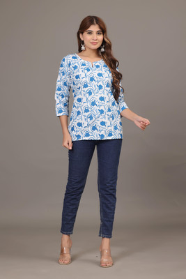 AAITHAN Women Printed Straight Kurta(Blue, White)