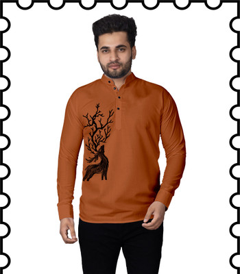 Kavyangle Creation Men Animal Print Straight Kurta(Brown)