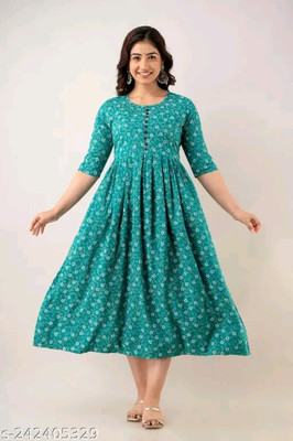 RIAANA Women Printed Anarkali Kurta(Green)