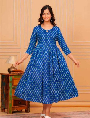 acmefashions Women Printed Anarkali Kurta(Dark Blue, White)