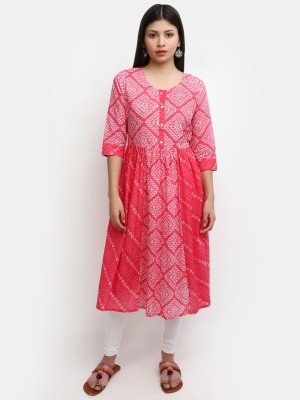 V-MART Women Printed Flared Kurta(Red, White)