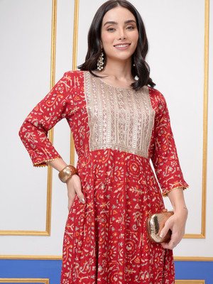 Vishudh Women Printed Anarkali Kurta(Red)