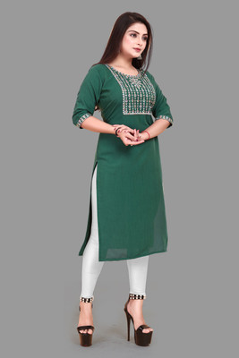 KURTIFABRIC Women Embroidered A-line Kurta(Green)