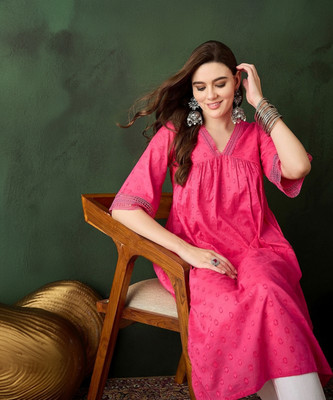 Sangria Women Self Design Flared Kurta(Pink)