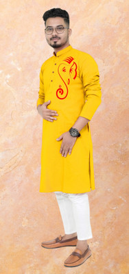 Hoodler Fab Men Printed Straight Kurta(Yellow)