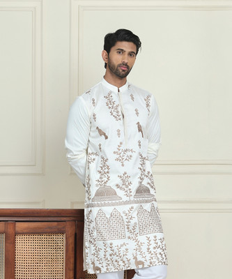 Jompers Men Embroidered Straight Kurta(White)