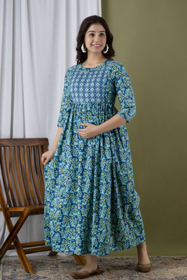 DAZZLE HUB Women Maternity/Nursing Nighty(Light Blue)