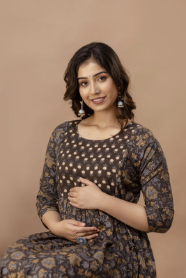 Tulsiram Women Printed Anarkali Kurta(Brown, Grey)