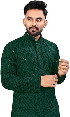 Growwax Men Embellished Straight Kurta(Dark Green)