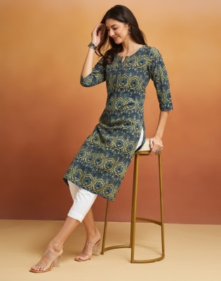 Fabindia Women Printed A-line Kurta(Blue)