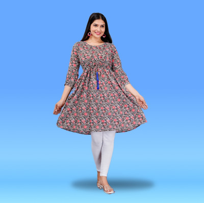 Damsel Women Floral Print Flared Kurta(Grey)