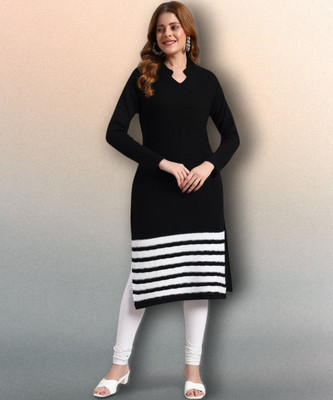 HEMLOCK Women Striped Straight Kurta(Black)