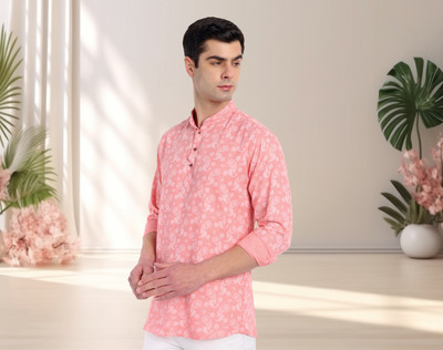 DJFOX Men Printed Straight Kurta(Pink)