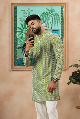 Koshin Men Embroidered Straight Kurta(Light Green)