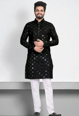 Biswas Trends Men Embroidered, Embellished Straight Kurta(Black)